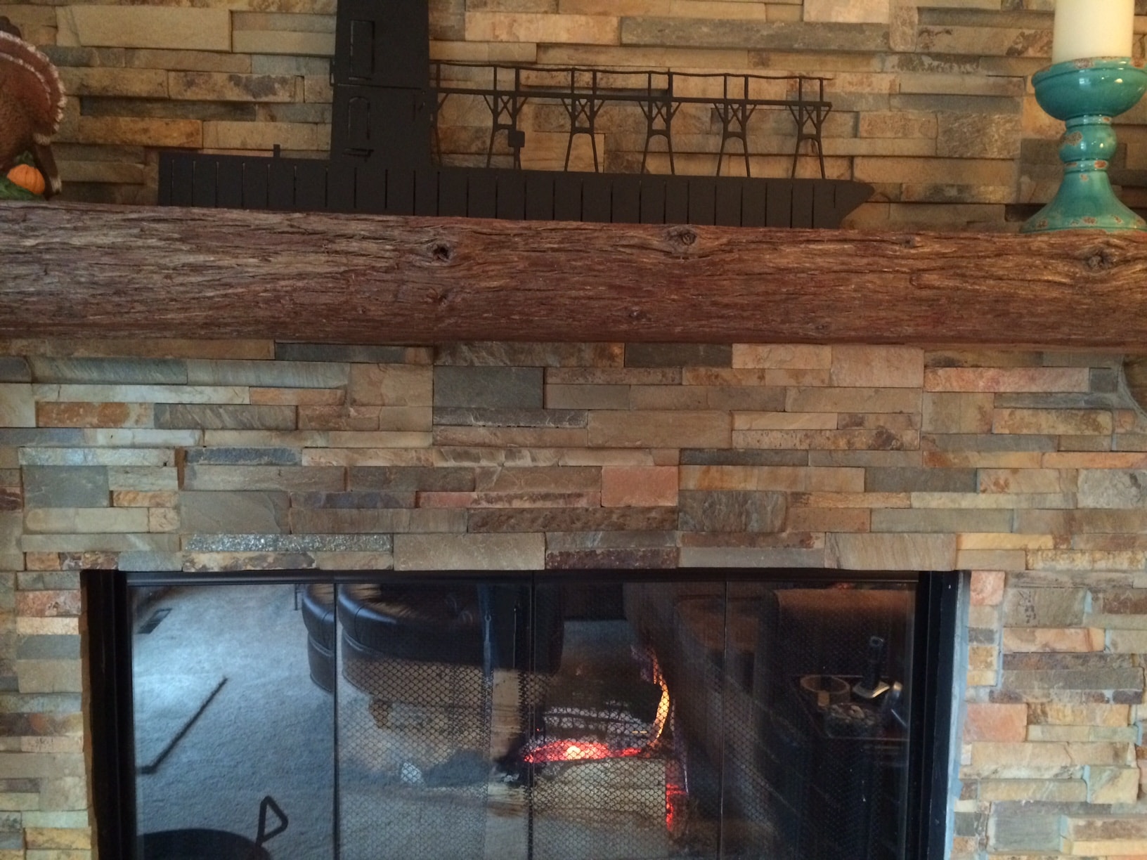 Soot Staining on a stacked stone fireplace